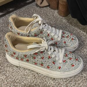 Betsey Johnson Silver and Red Sneakers Embellished cherry sneakers